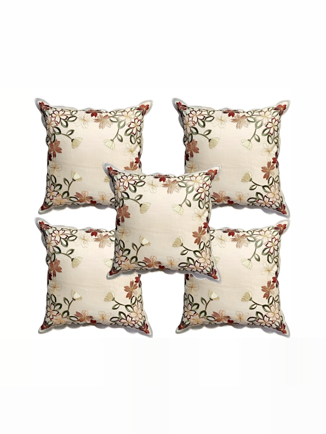 

MONKDECOR Off White & Maroon 5 Pieces Floral Square Cushion Covers