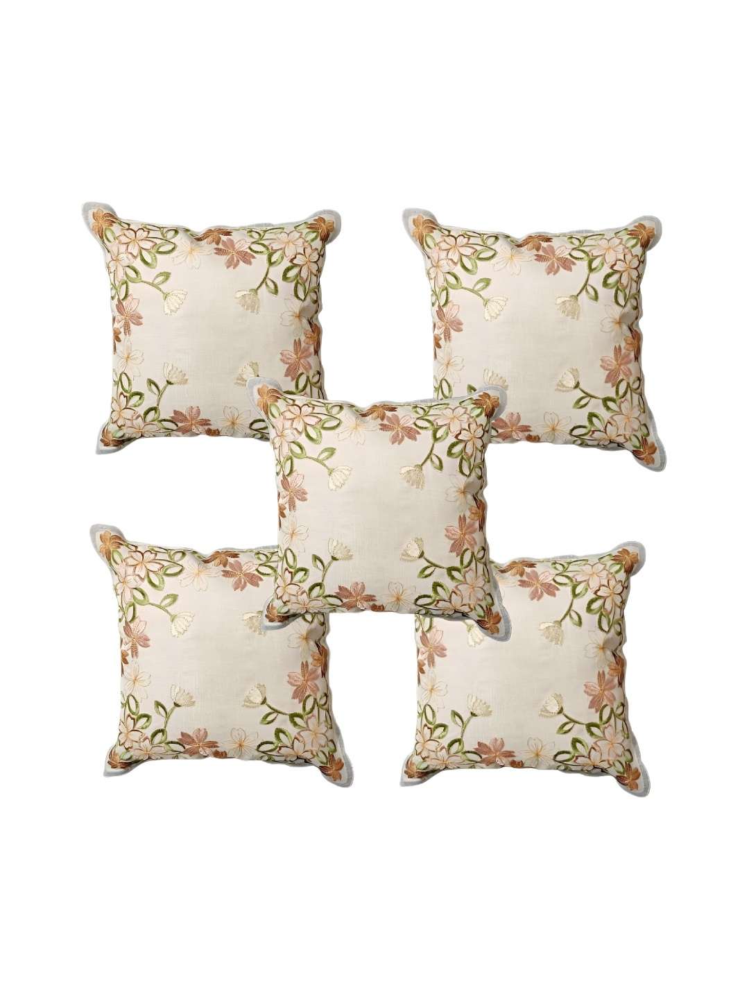 

MONKDECOR Brown & White 5 Pieces Floral Square Cushion Covers