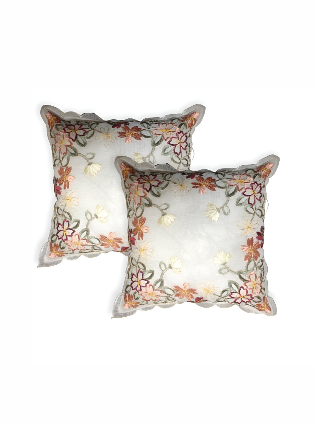

MONKDECOR Off White & Maroon 2 Pieces Floral Square Cushion Covers