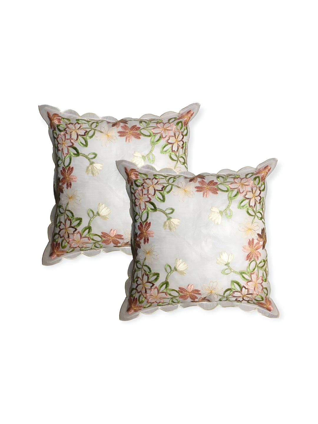 

MONKDECOR Off White & Brown 2 Pieces Floral Square Cushion Covers