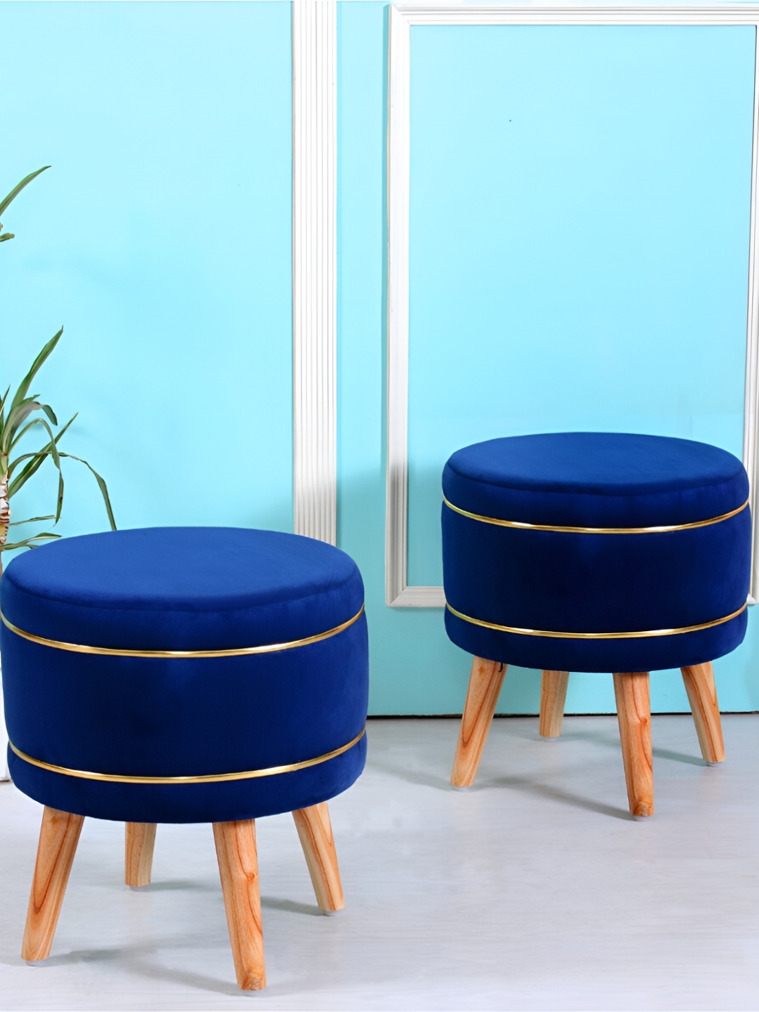 

Shadowkart Blue 2 Pieces Velvet & Wooden Cylindrical Ottomans