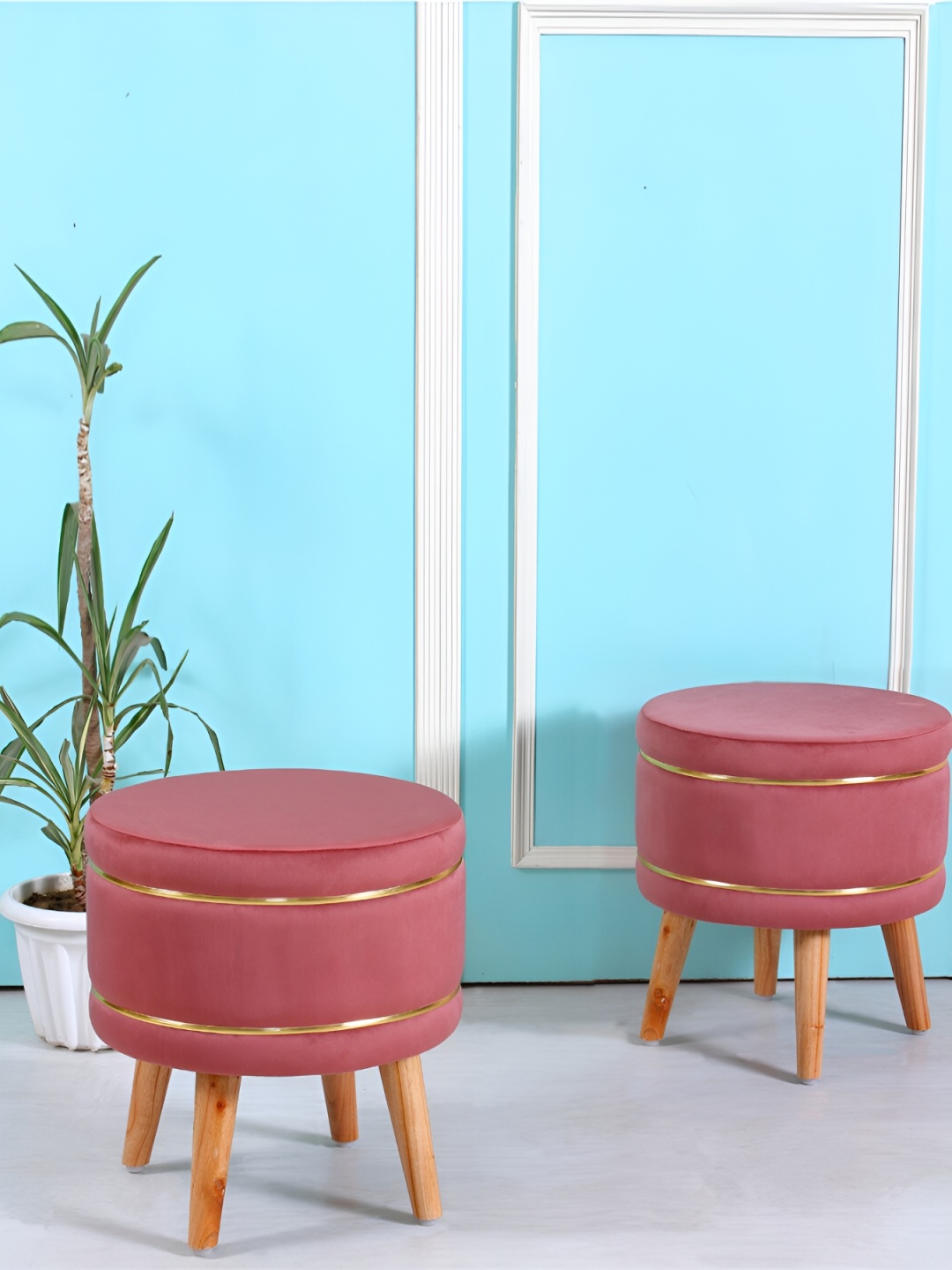 

Shadowkart Peach Colored 2 Pieces Velvet & Wooden Cylindrical Ottomans