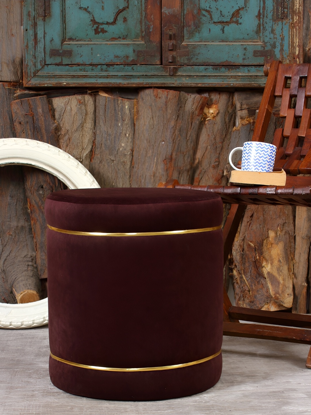 

Shadowkart Coffee Brown Velvet & Wooden Cylindrical Ottoman