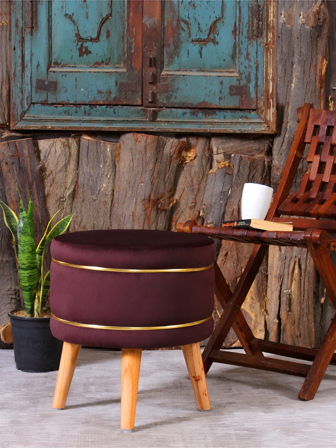 

Shadowkart Coffee Brown Velvet & Wooden Round Ottoman