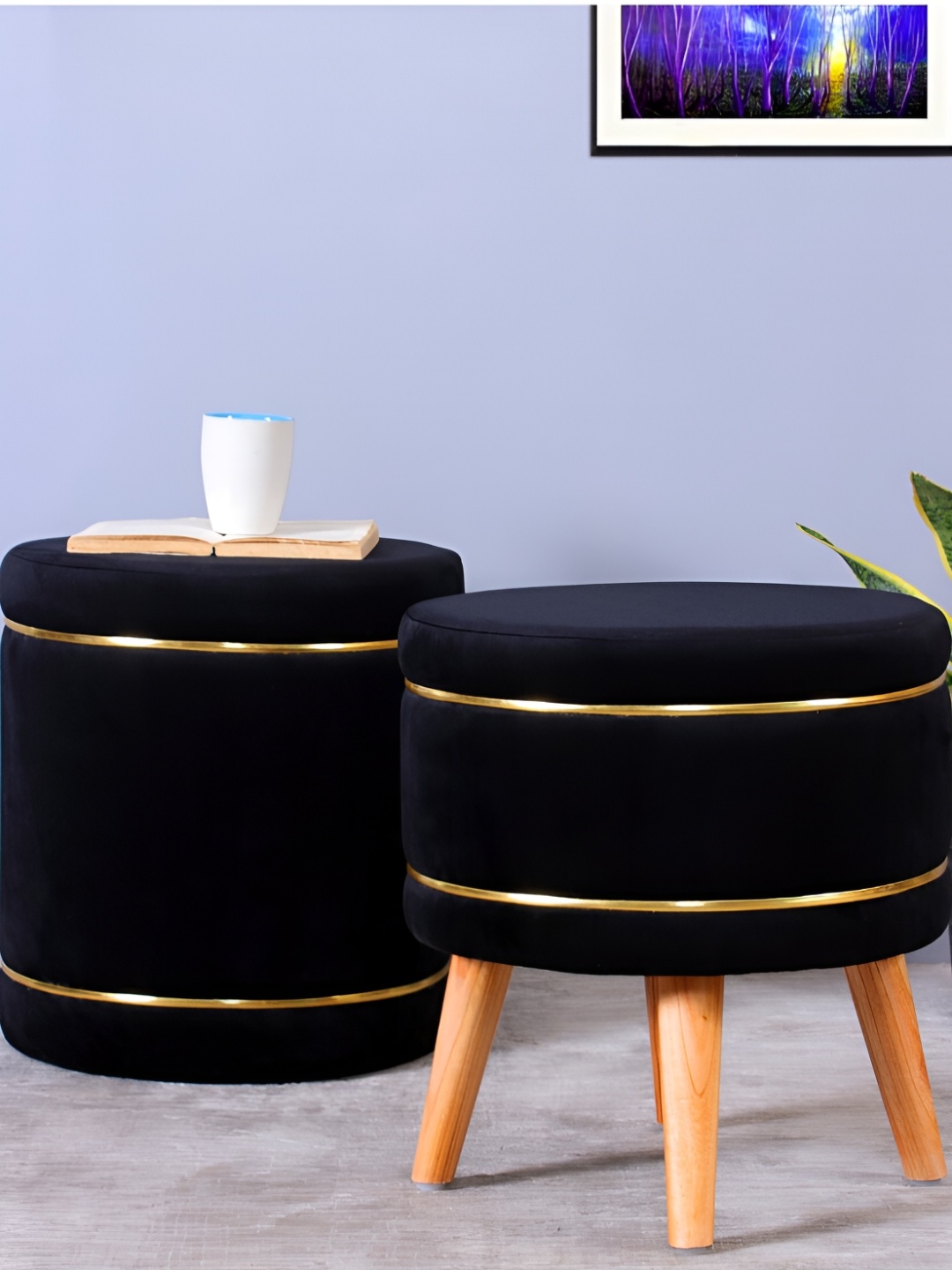 

Shadowkart Black 2 Pieces Velvet & Wooden Cylindrical Ottomans