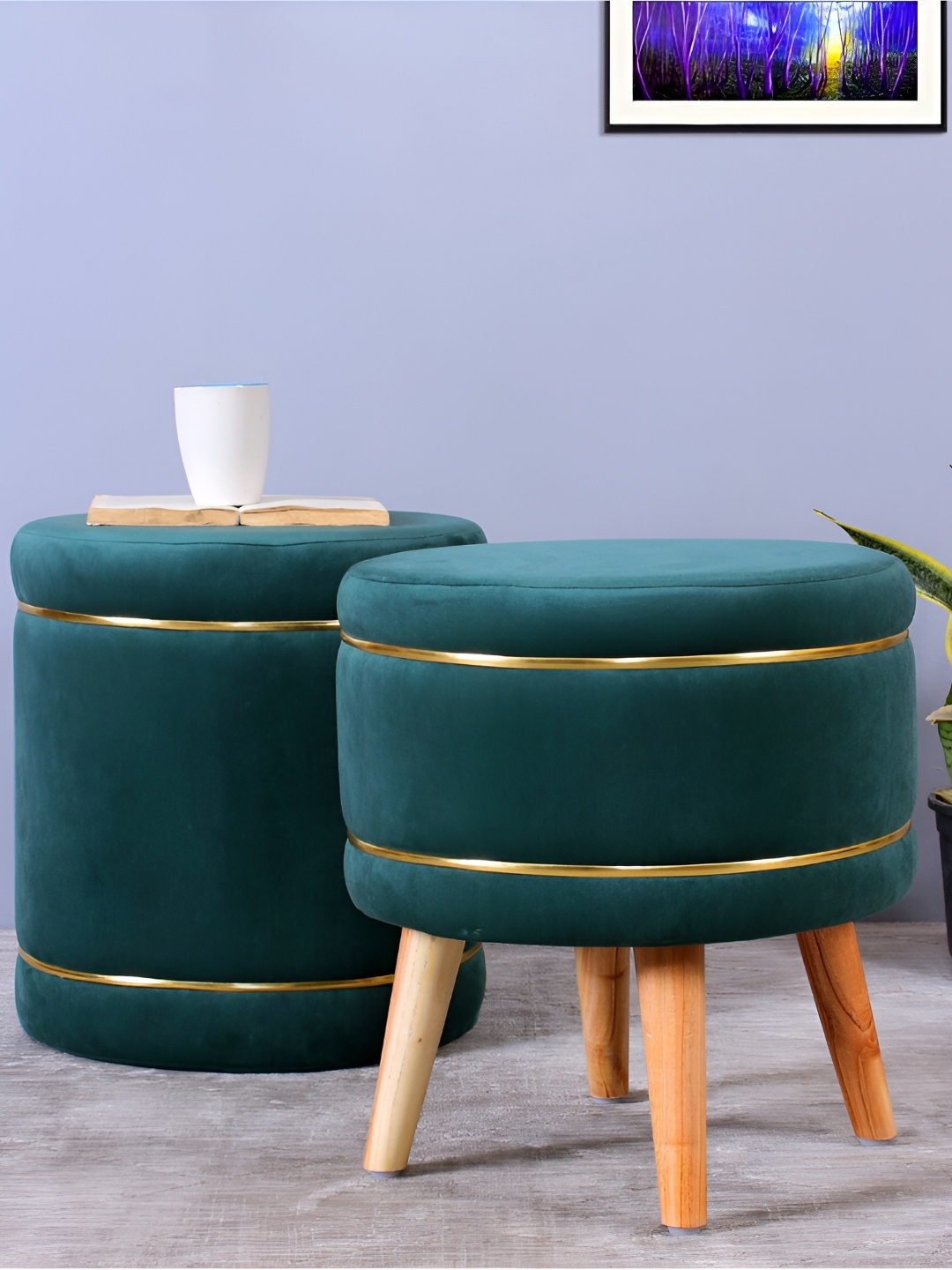 

Shadowkart Green 2 Pieces Velvet & Wooden Round Ottomans