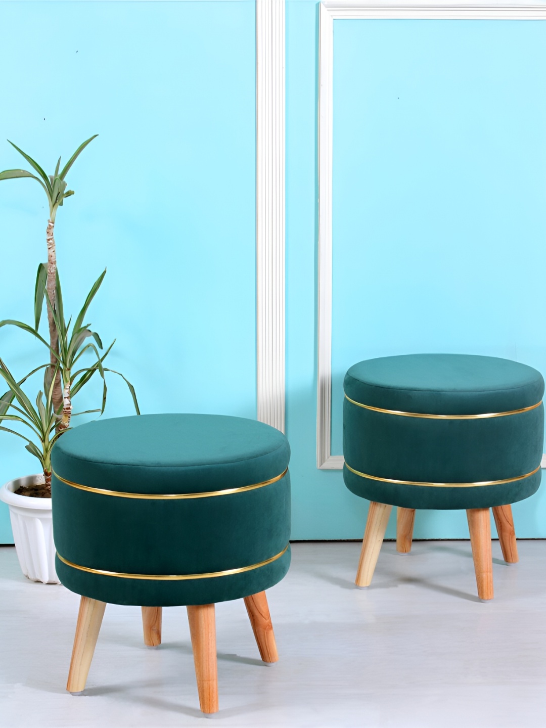 

Shadowkart Green 2 Pieces Velvet & Wooden Round Ottomans