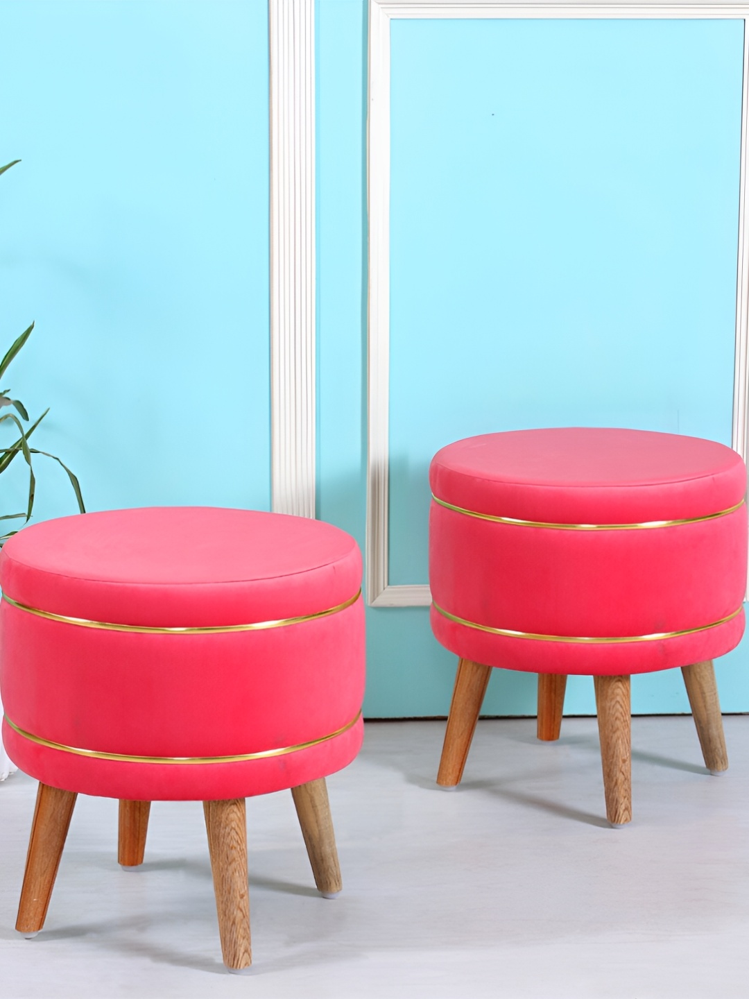 

Shadowkart Pink 2 Pieces Velvet & Wooden Round Ottomans