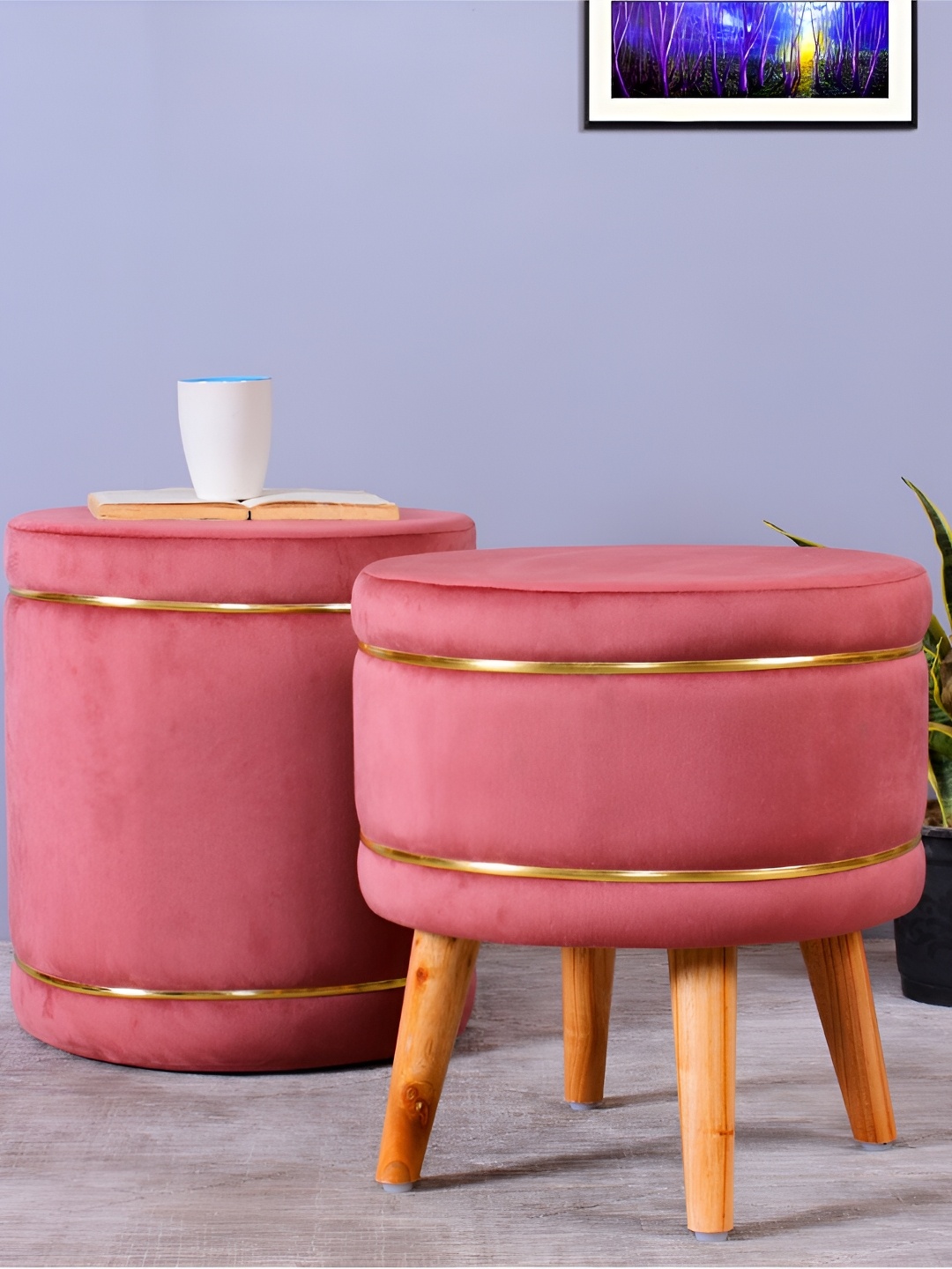 

Shadowkart Peach Colored Velvet & Wooden Round Ottomans