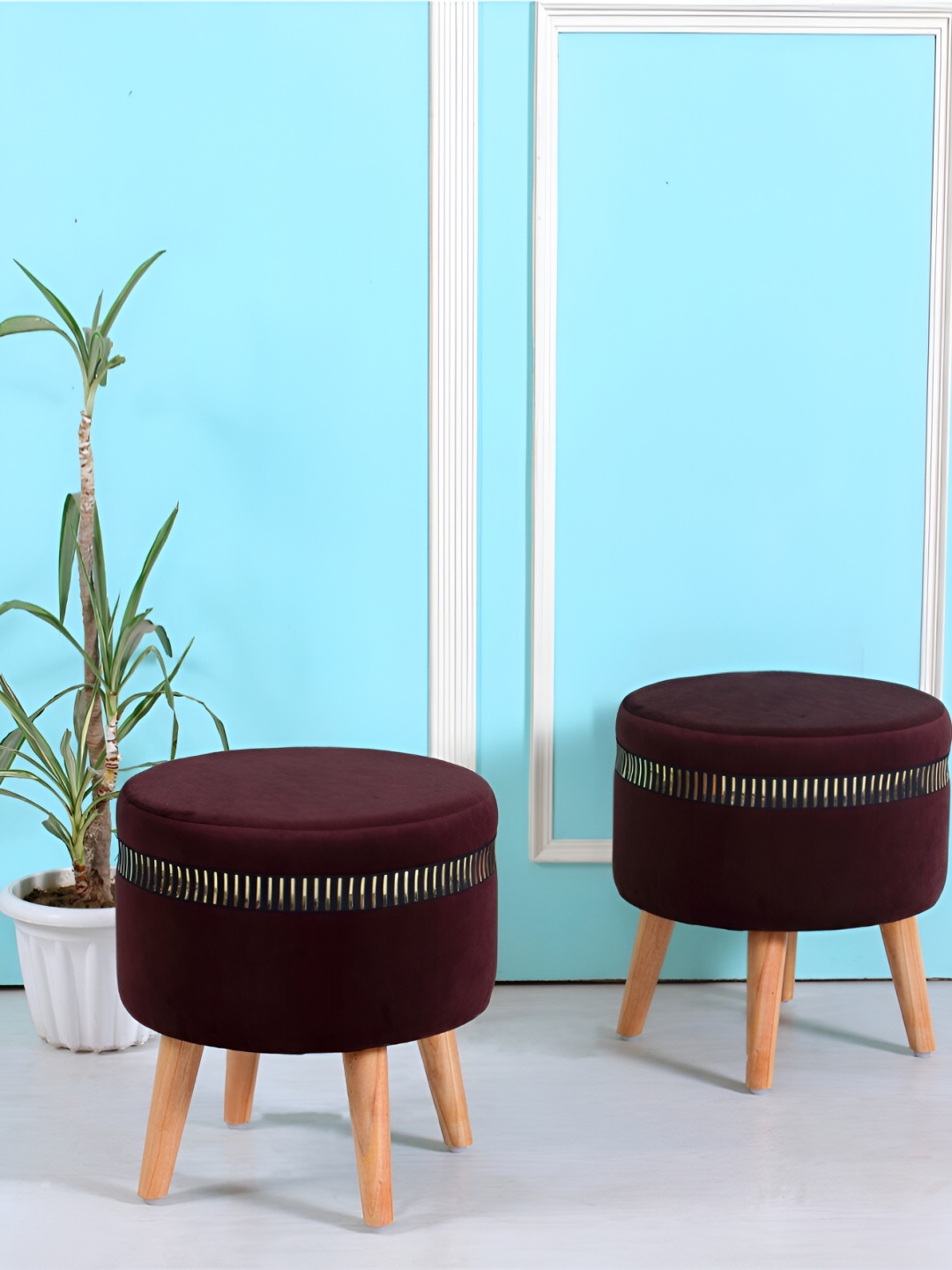 

Shadowkart Coffee Brown 2 Pieces Velvet & Wooden Round Ottomans