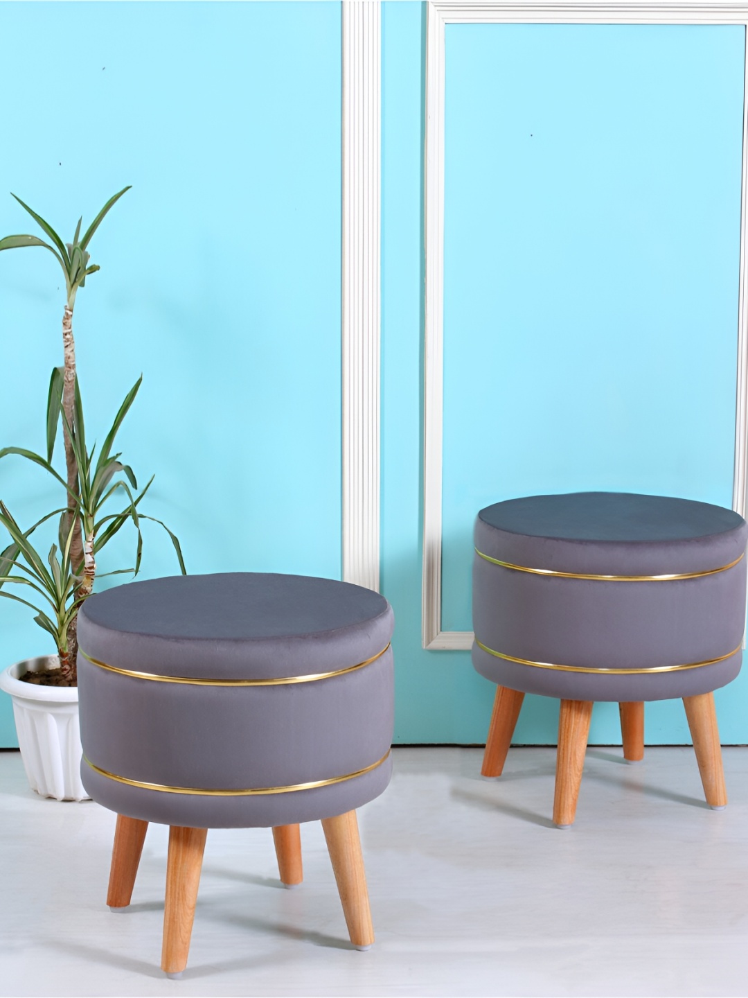 

Shadowkart Grey 2 Pieces Velvet & Wooden Round Ottomans