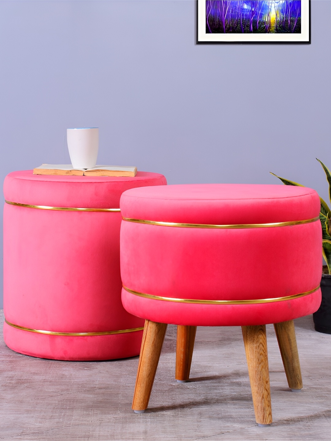 

Shadowkart Peach Colored 2 Pieces Velvet & Wooden Round Ottomans