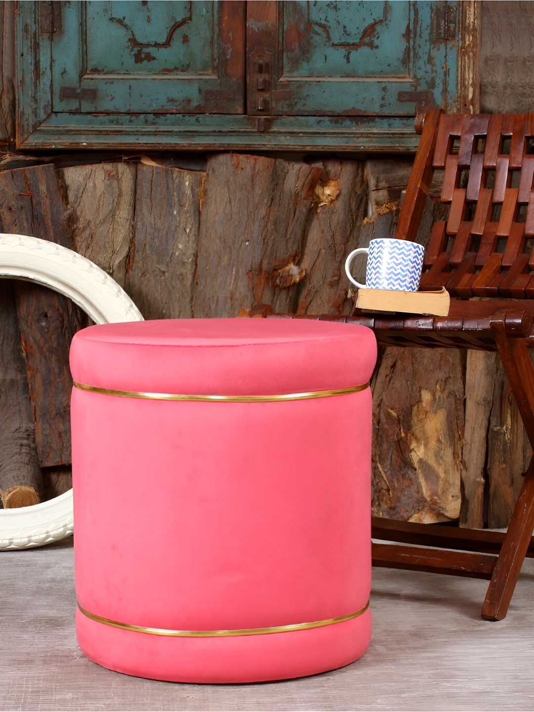 

Shadowkart Peach Colored Velvet & Wooden Round Ottoman