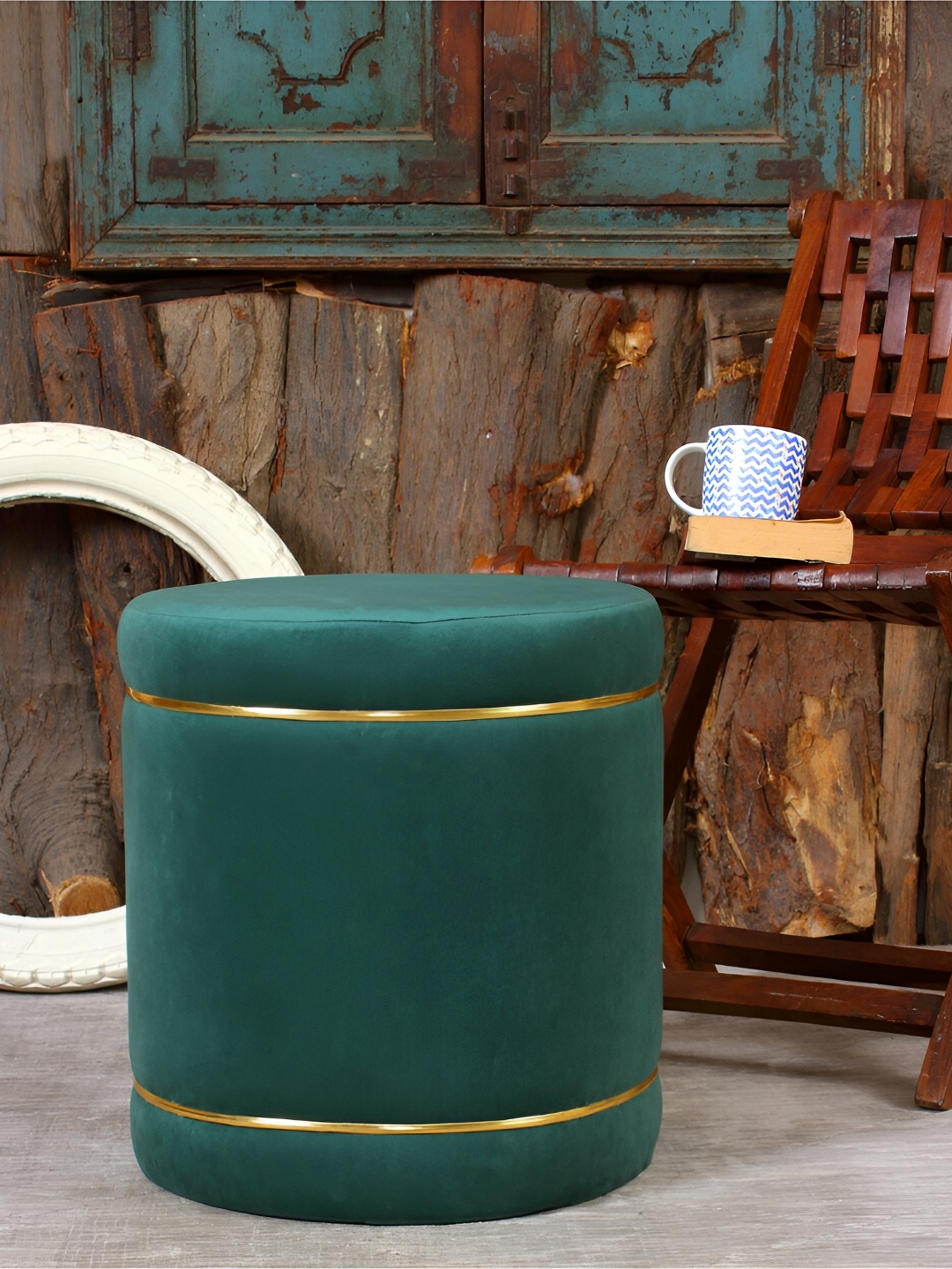 

Shadowkart Green Velvet & Wooden Round Ottoman
