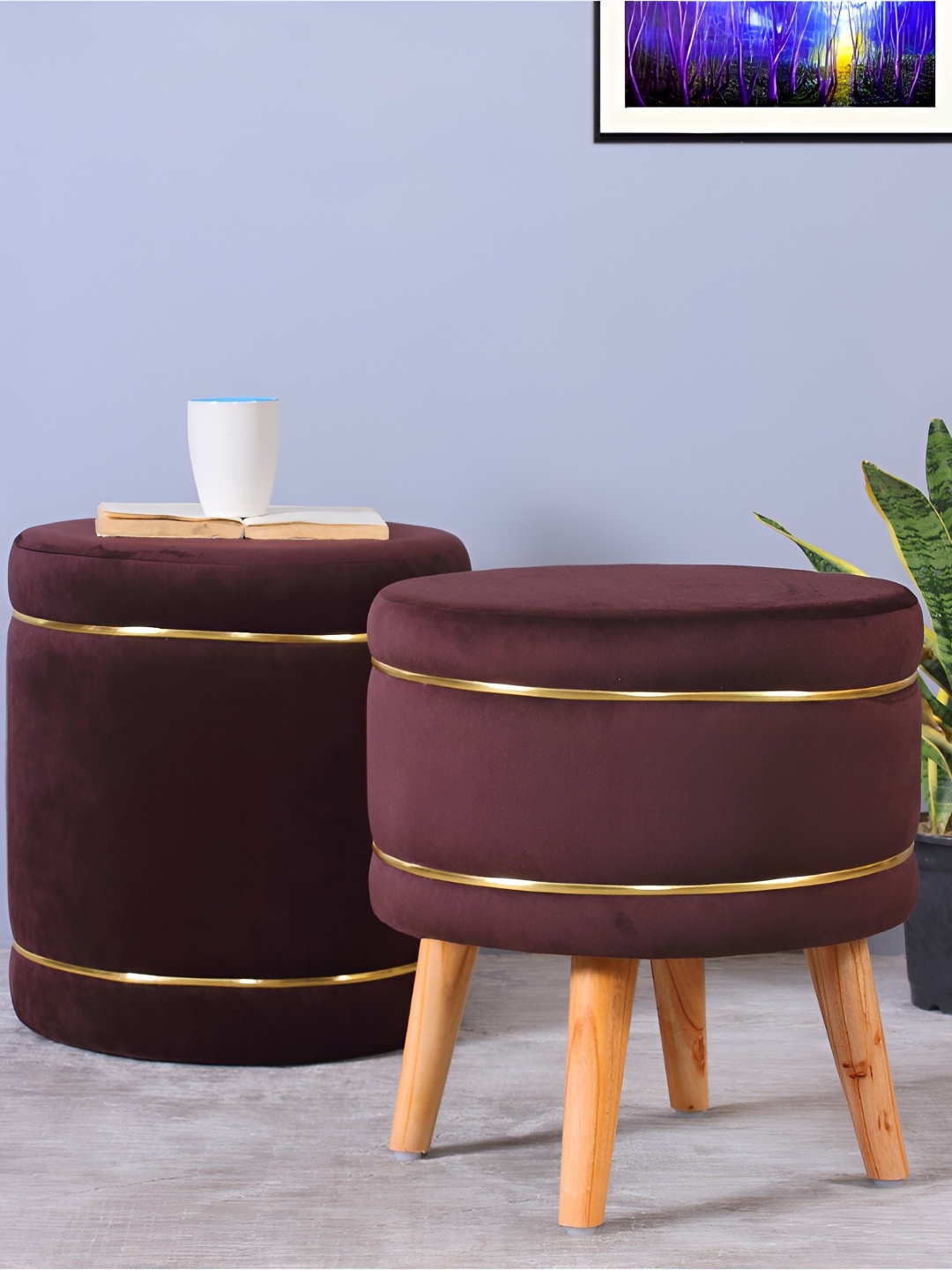 

Shadowkart Coffee Brown 2 Pieces Velvet & Wooden Round Ottomans