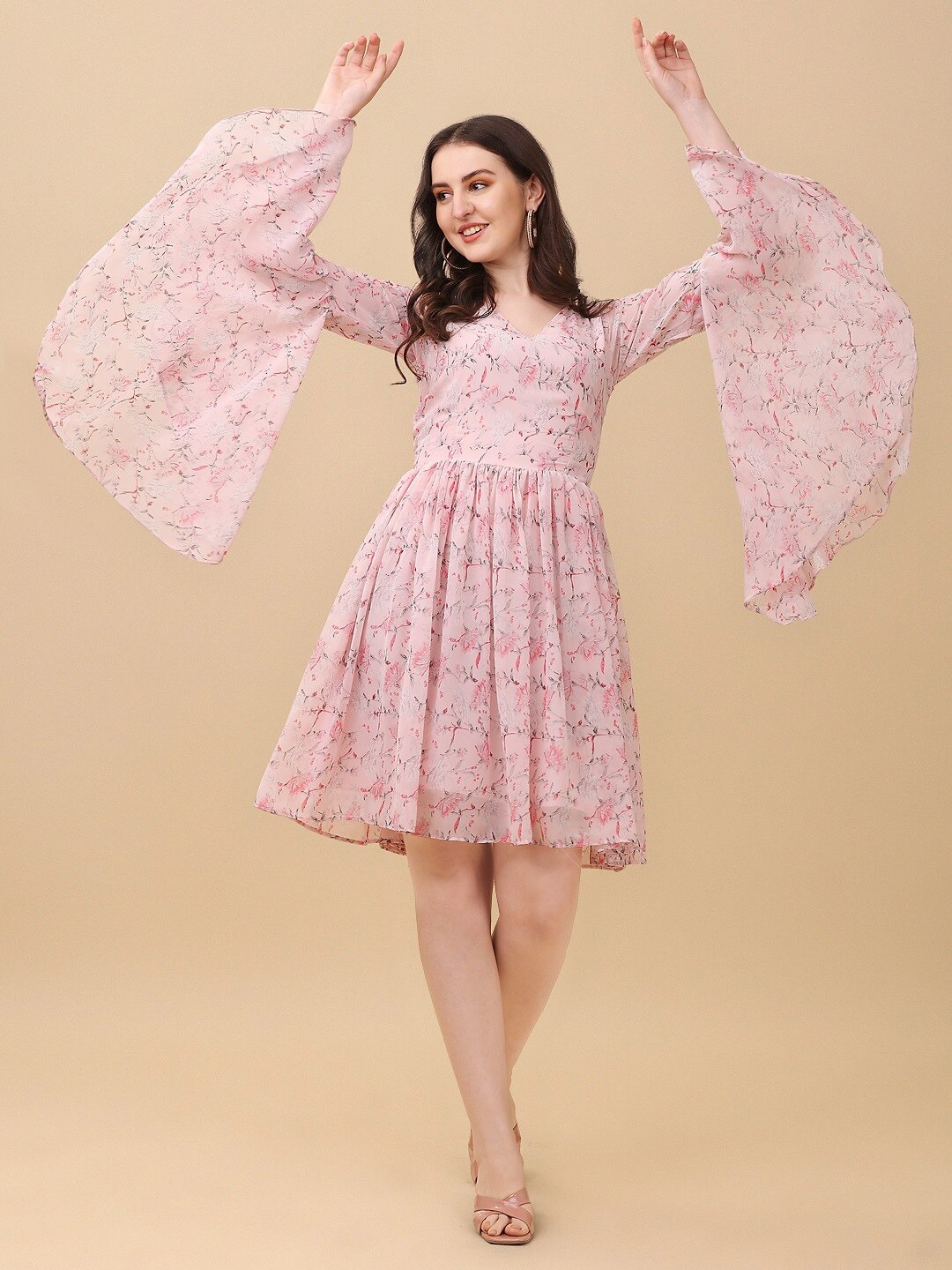 

Vidraa Western Store Floral Print Bell Sleeve Georgette Fit & Flare Dress, Pink