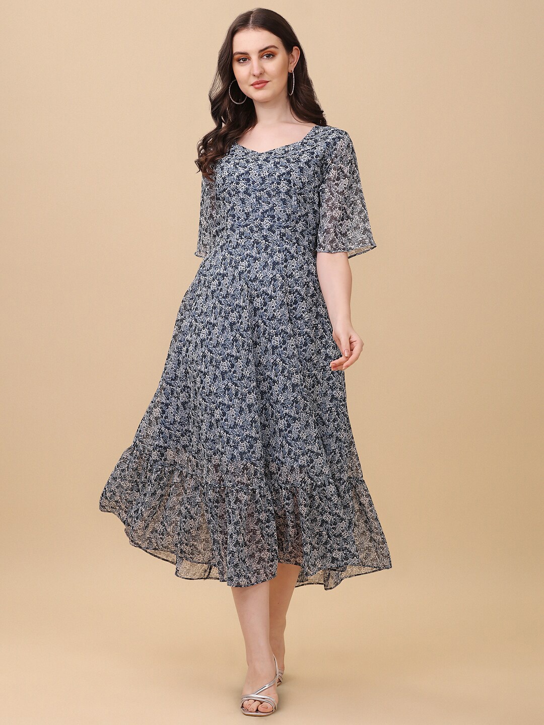 

Vidraa Western Store Abstract Print Georgette Fit & Flare Midi Dress, Blue