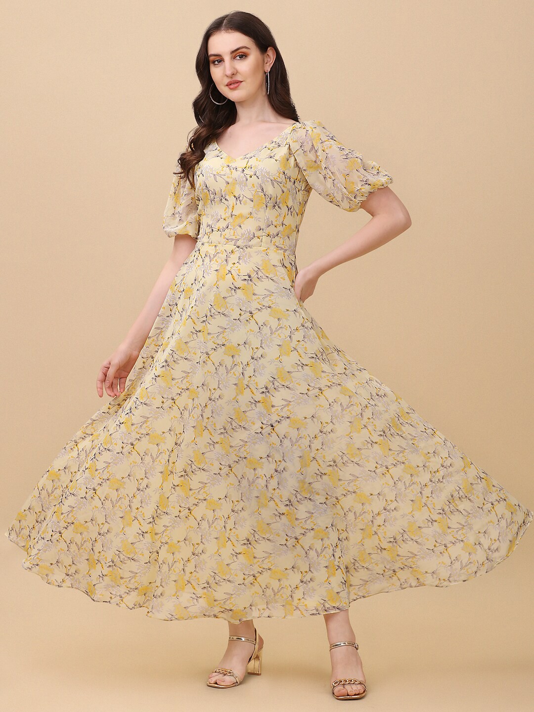 

Vidraa Western Store Floral Print Puff Sleeve Georgette Maxi Dress, Yellow