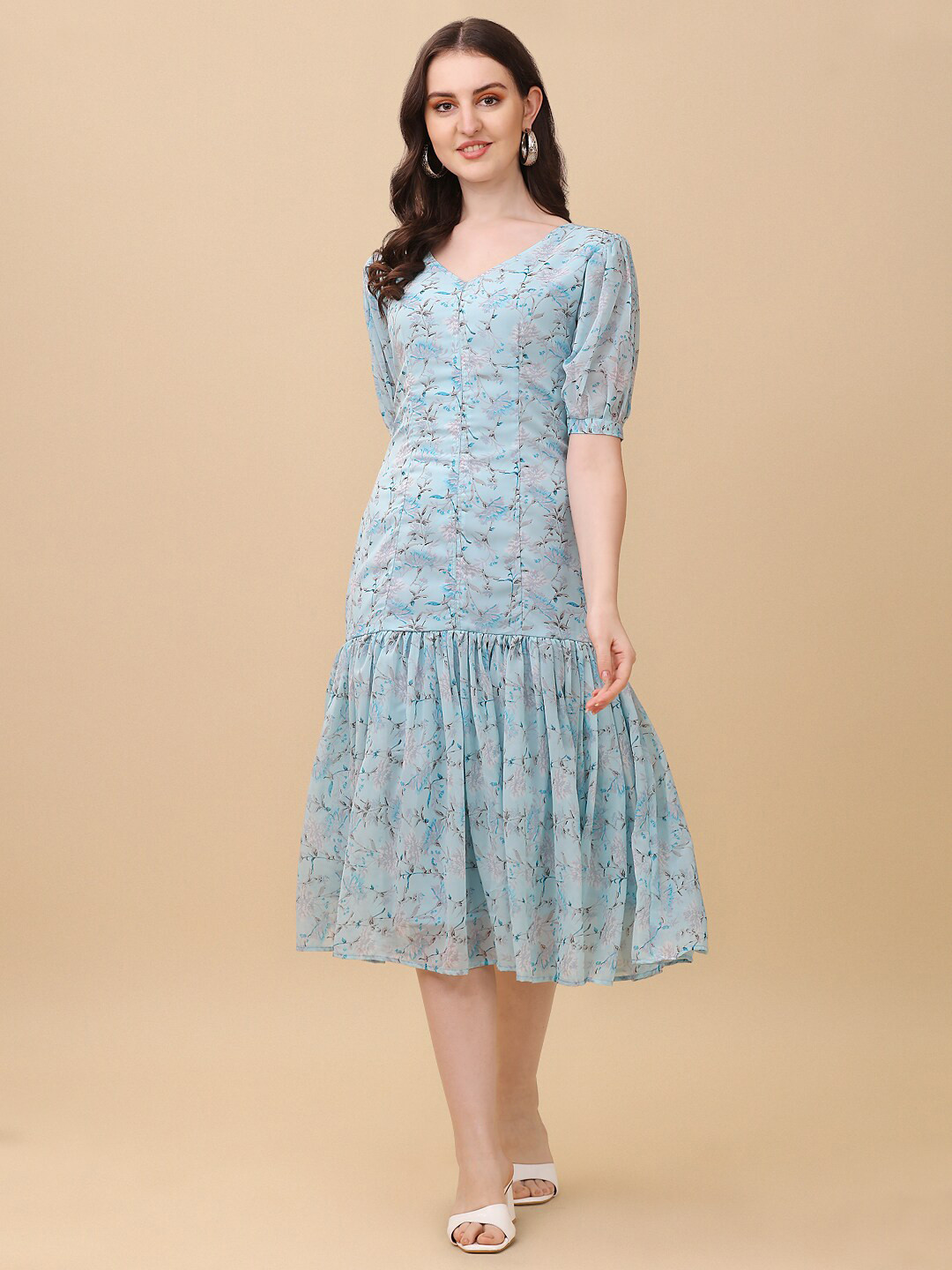 

Vidraa Western Store Floral Print Puff Sleeve Georgette Drop-Waist Midi Dress, Turquoise blue