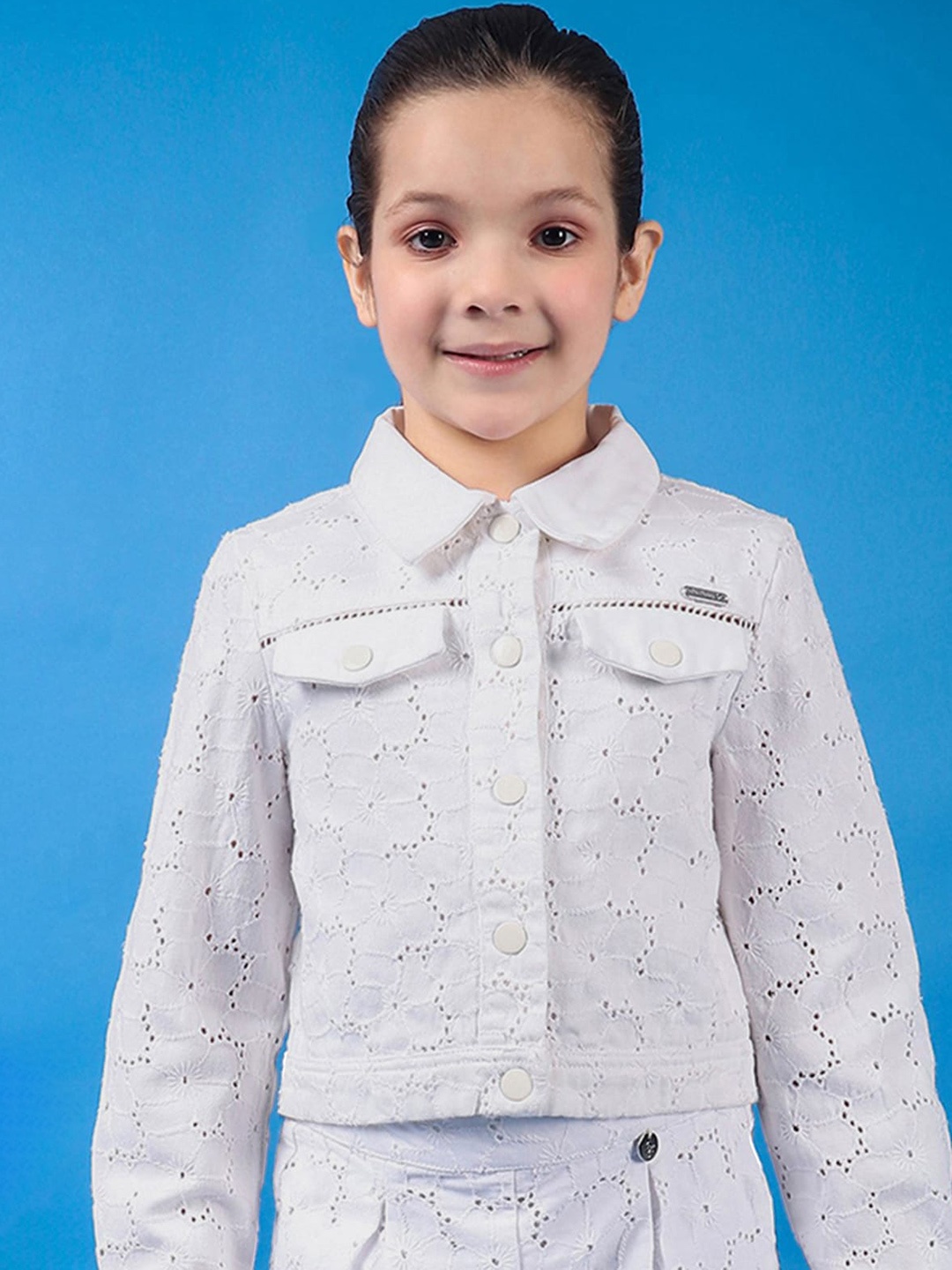 

One Friday Kids Girls Pure Cotton Schiffli Jacket With Lace, White