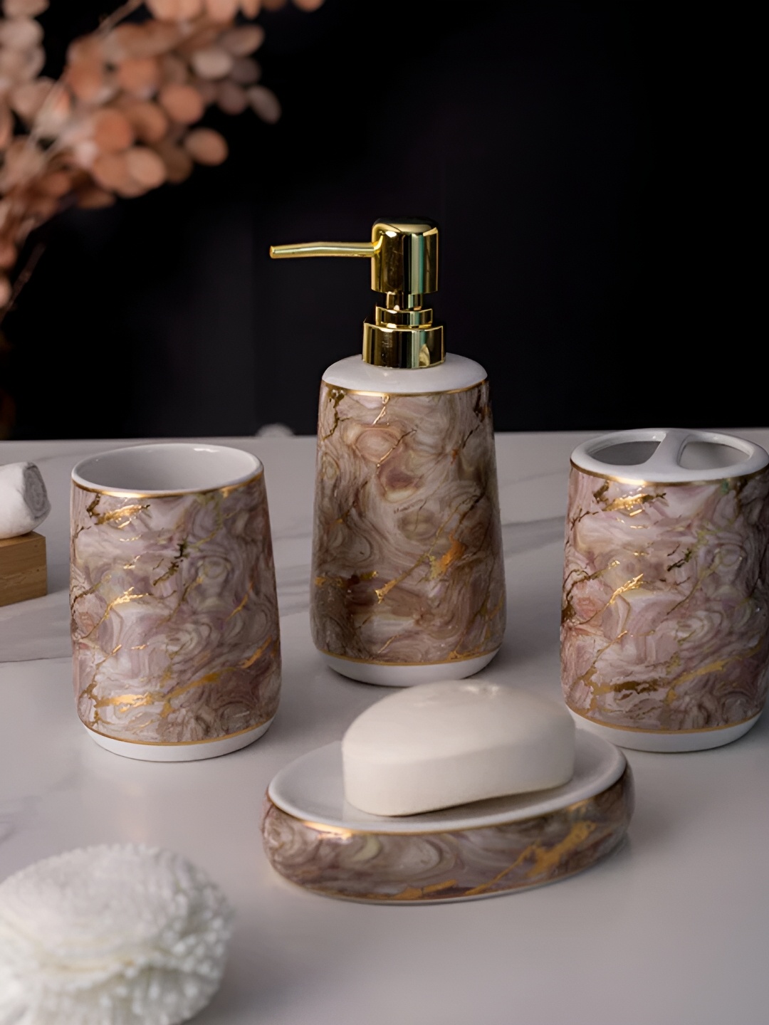 

THEDECORKART 4Pc Brown & White Ceramic Bath Accessories Set