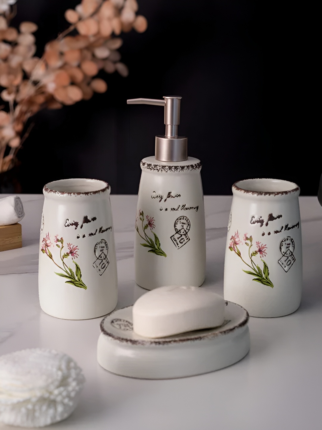 

THEDECORKART 4 piece White & Silver-Toned Printed Bath Accessories