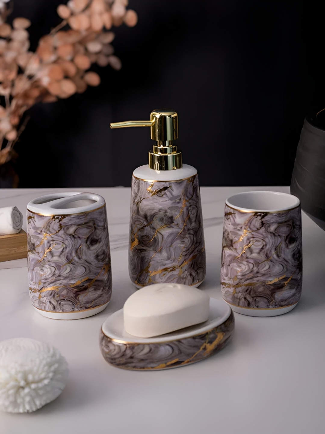 

THEDECORKART 4 piece White & Gold-Toned Printed Bath Accessories