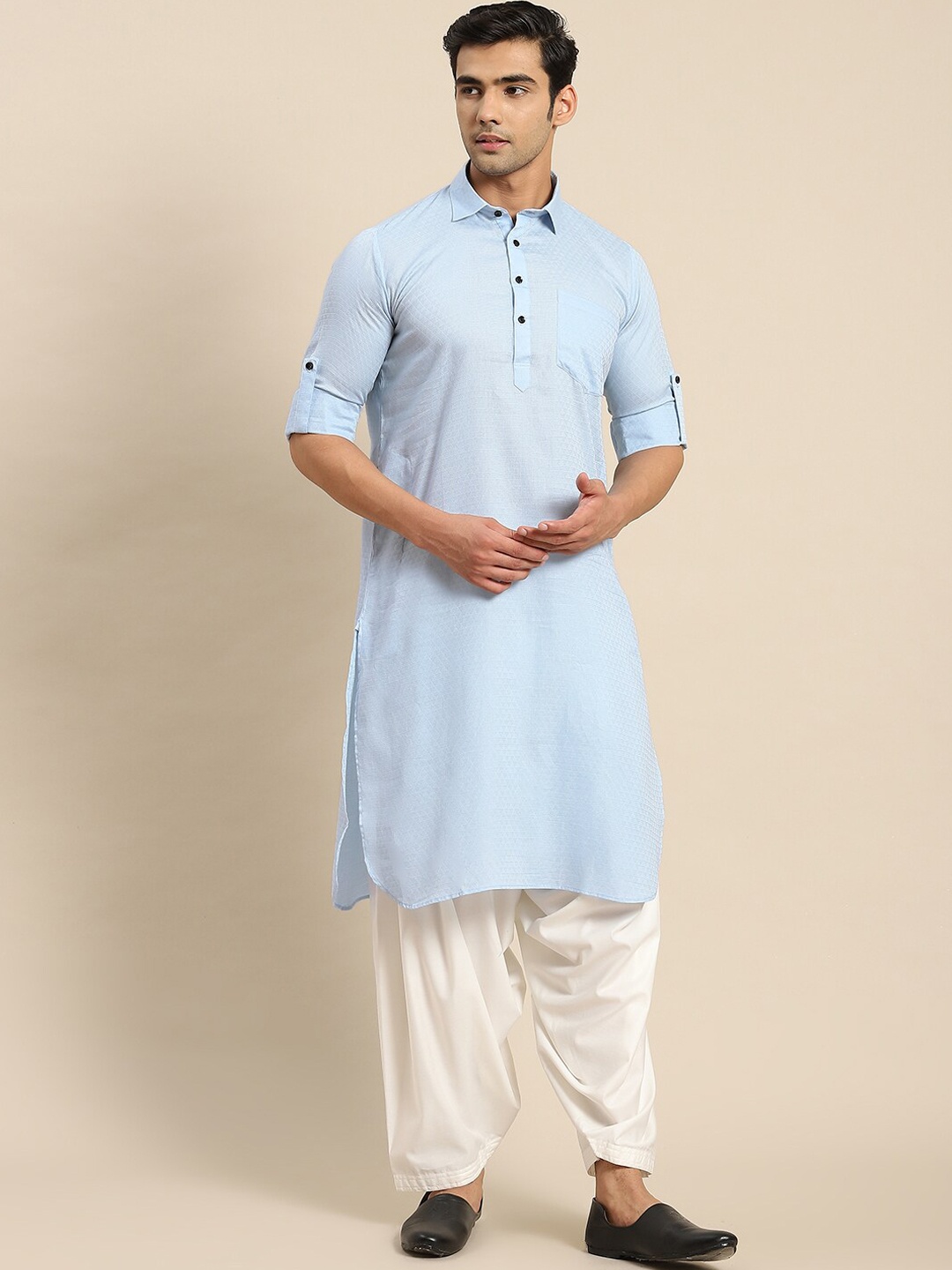 

RAJUBHAI HARGOVINDAS Geometric Woven Design Roll-Up Sleeves Pure Cotton Kurta With Salwar, Blue
