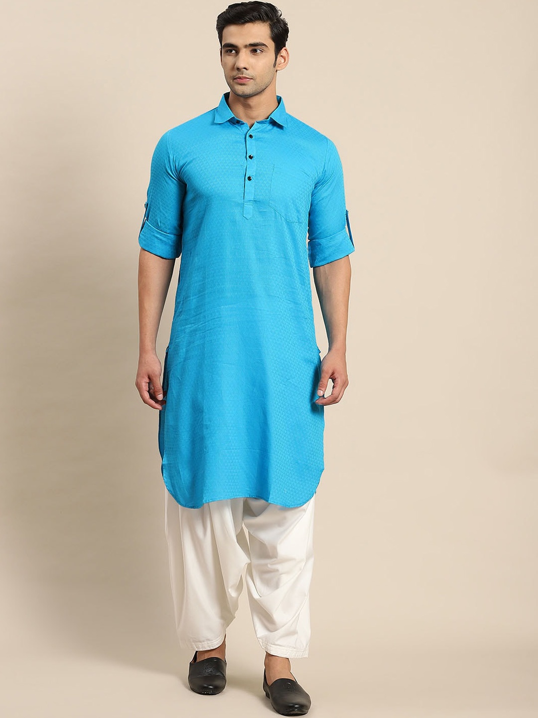 

RAJUBHAI HARGOVINDAS Shirt Collar Pathani Pure Cotton Kurta with Salwar, Turquoise blue