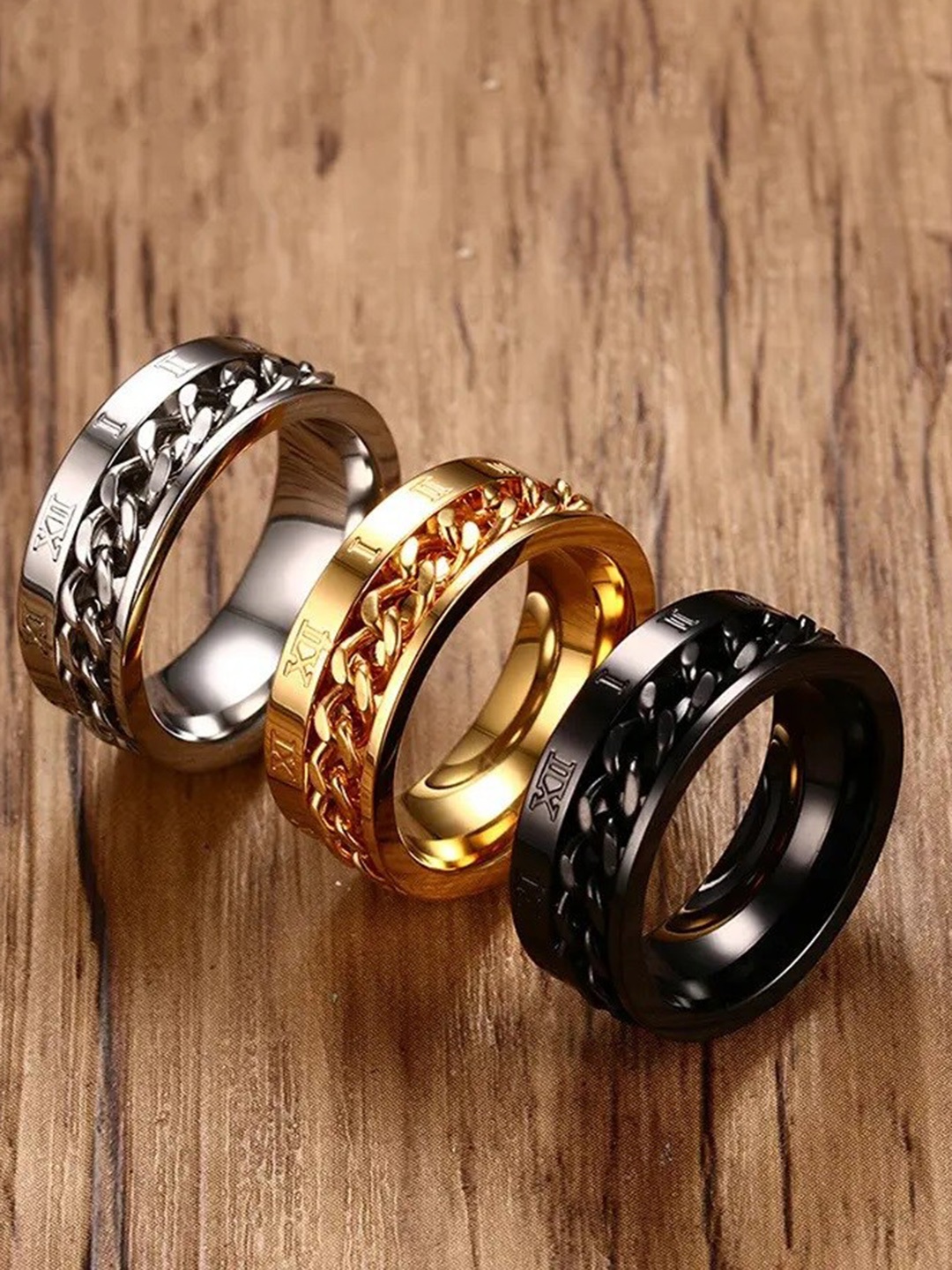 

MEENAZ Men Set Of 3 Silver-plated & Gold-plated Stainless Steel Band Rings