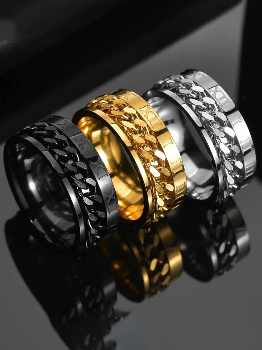 

MEENAZ Men Set Of 3 Gold-plated & Silver-plated Band Rings