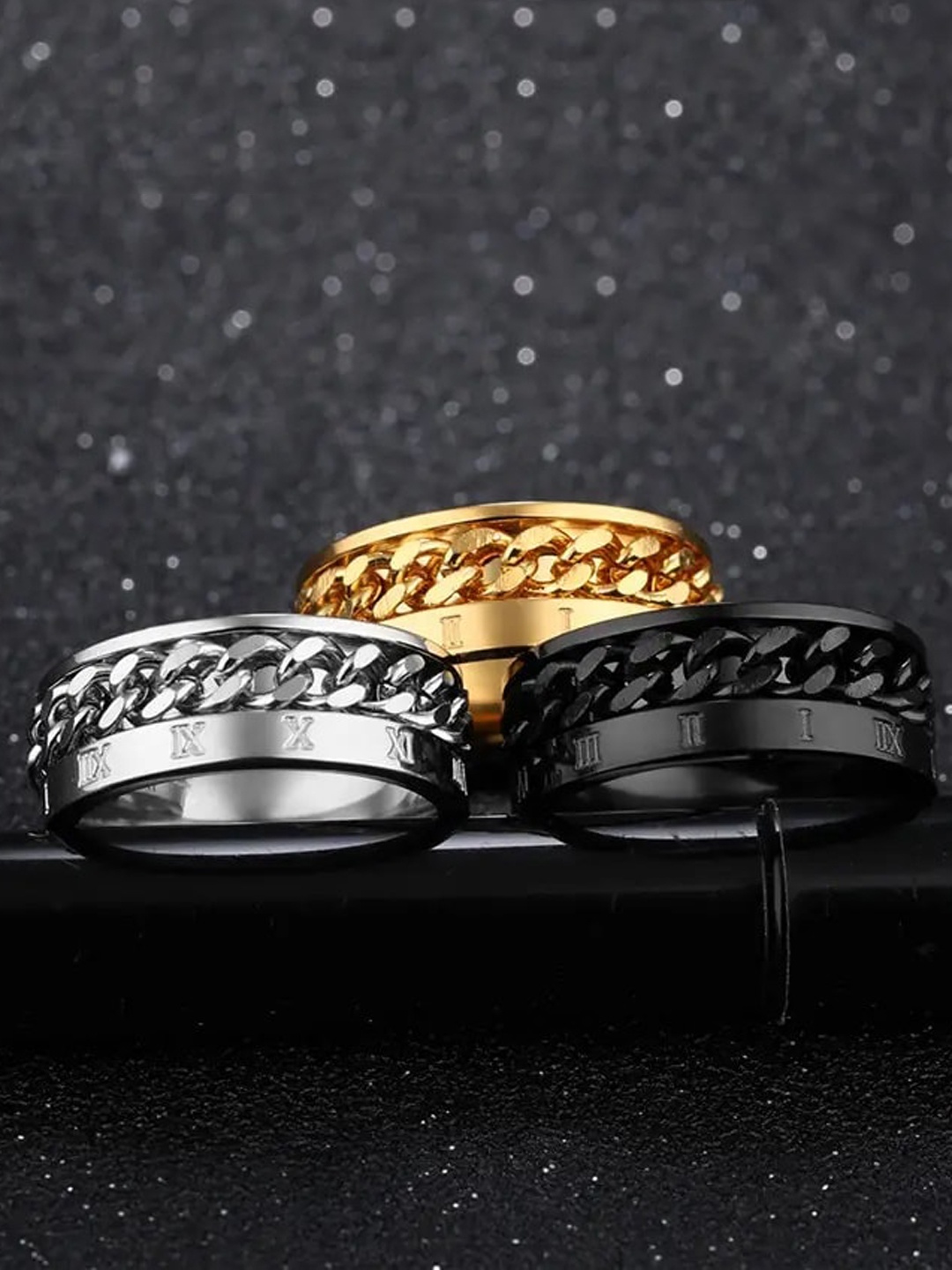

MEENAZ Men Set Of 3 Gold-plated & Silver-plated 92.5 Stainless Steel Band Rings