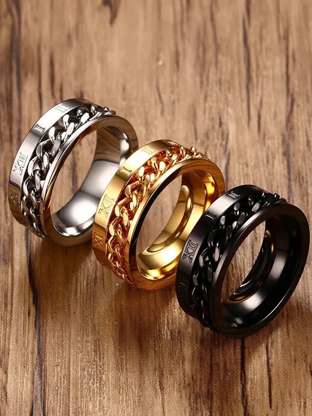 

MEENAZ Men Set Of 3 Gold-plated & Silver-plated Band Rings, Black