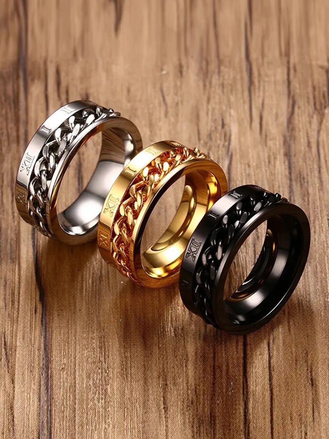 

MEENAZ Men Set Of 3 Gold-plated & Silver-plated Band Rings