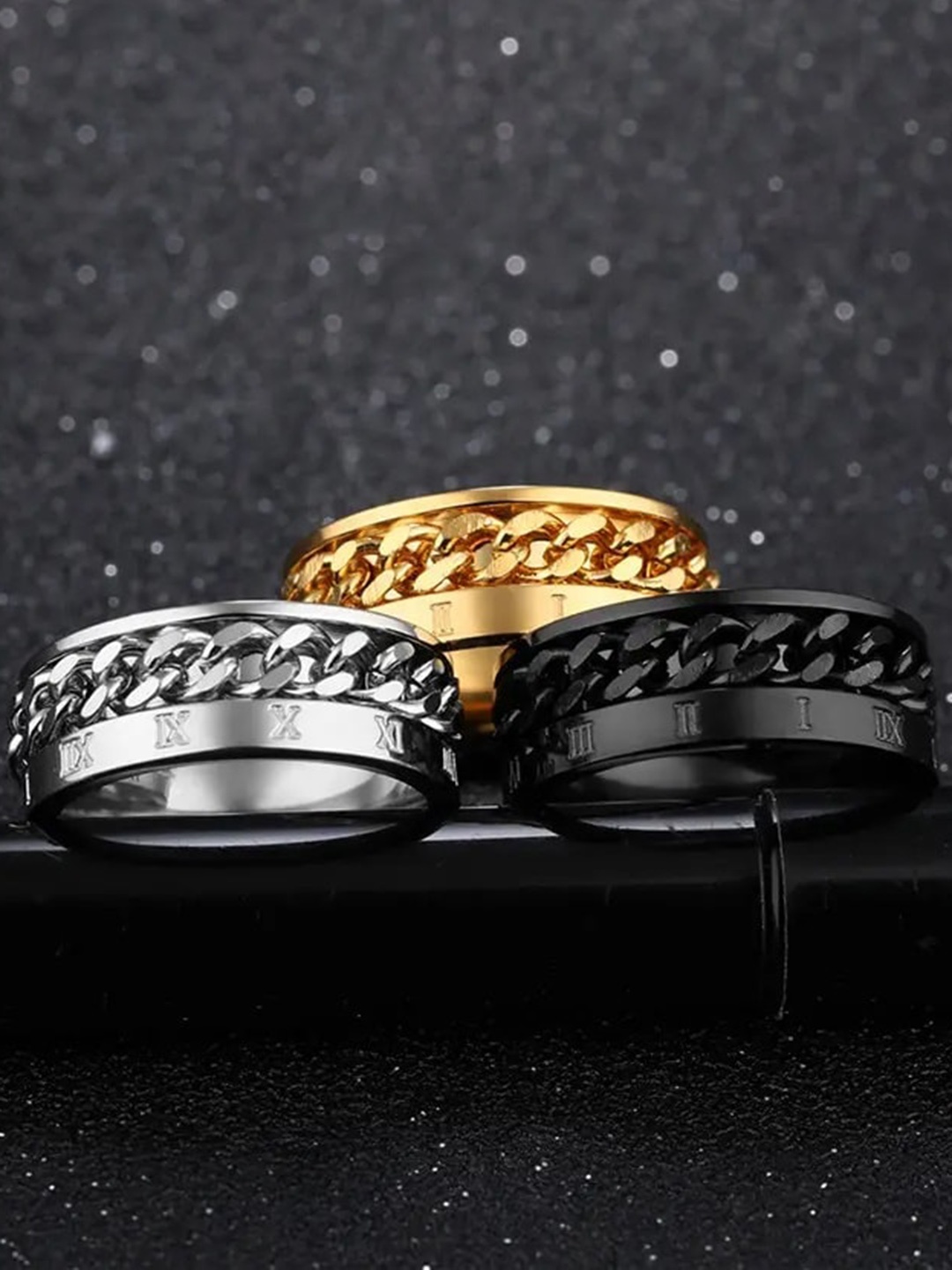 

MEENAZ Men Set Of 3 Silver-Plated Finger Rings, Gold