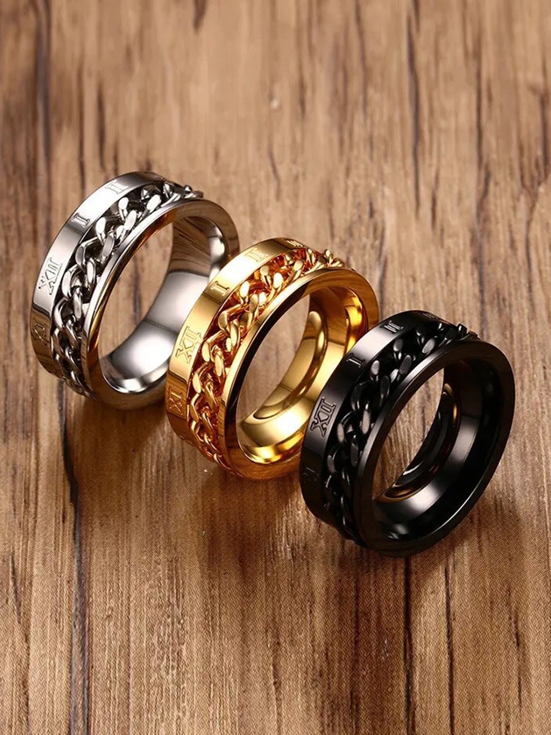 

MEENAZ Men Set Of 3 Gold-plated & Silver-plated Band Rings