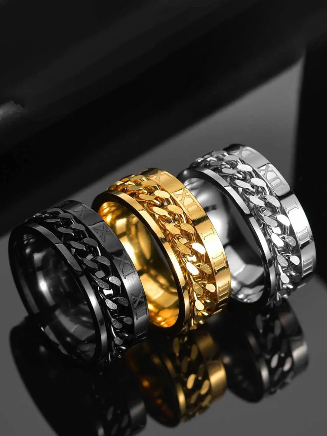 

MEENAZ Men Set Of 3 Stainless Steel Gold-Plated & Silver-Plated Finger Rings