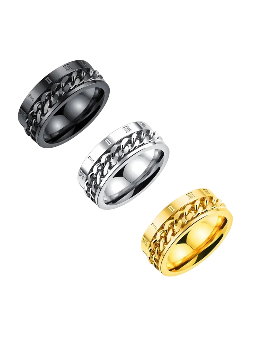 

MEENAZ Men Set Of 3 Stainless Steel Gold-Plated & Silver-Plated Finger Rings