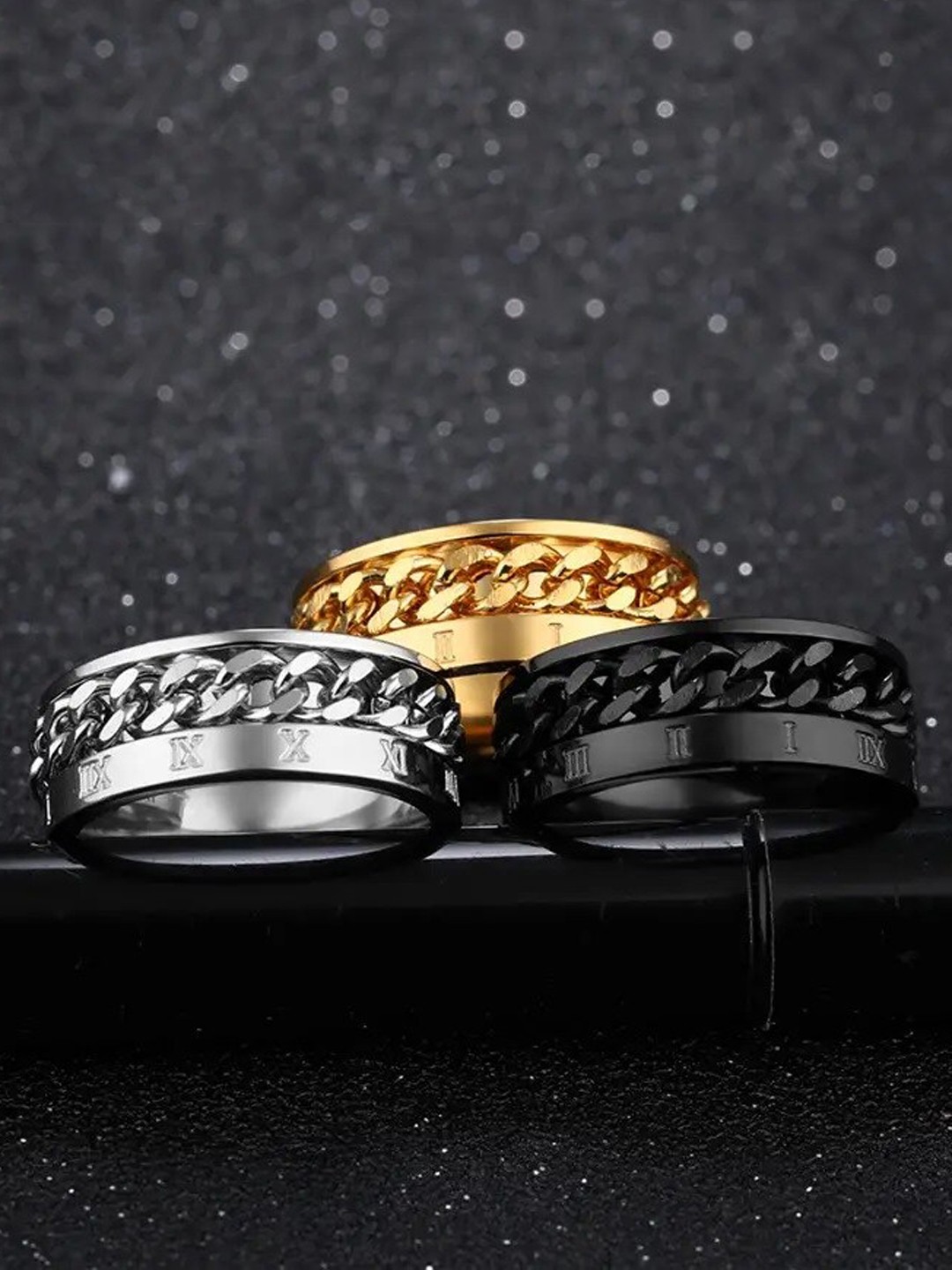 

MEENAZ Men Set Of 3 Stainless Steel Gold-Plated & Silver-Plated Finger Rings