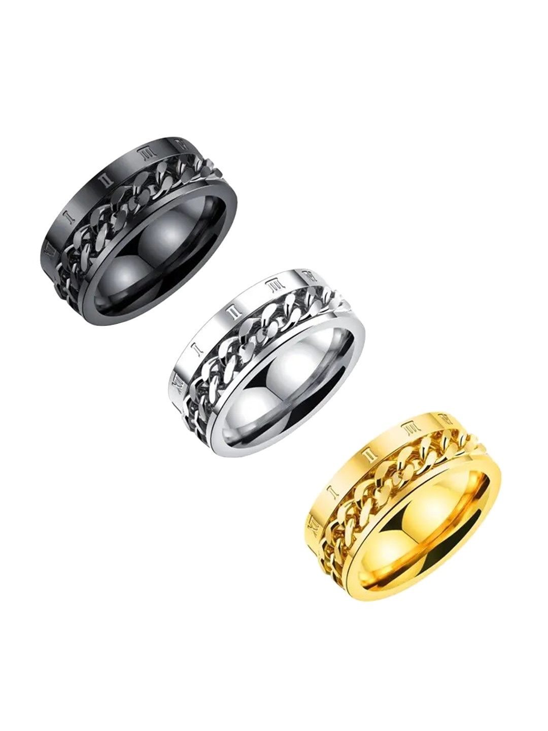 

MEENAZ Men Set Of 3 Stainless Steel Gold-Plated & Silver-Plated Finger Rings