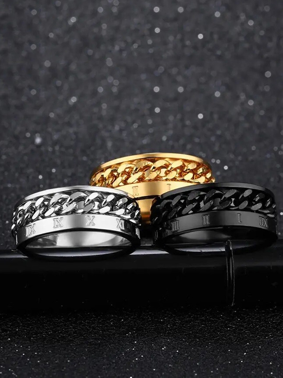 

MEENAZ Men Set Of 3 Stainless Steel Gold-Plated & Silver-Plated Finger Rings