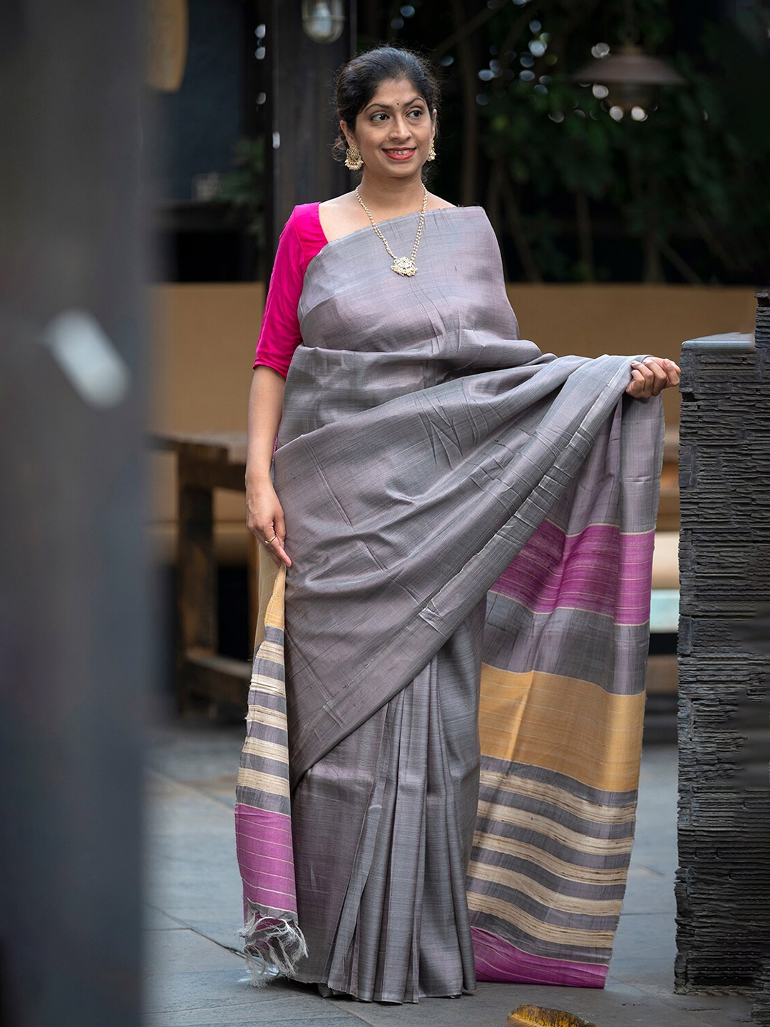 

Weaves of Tradition Pure Silk Tussar Saree, Grey