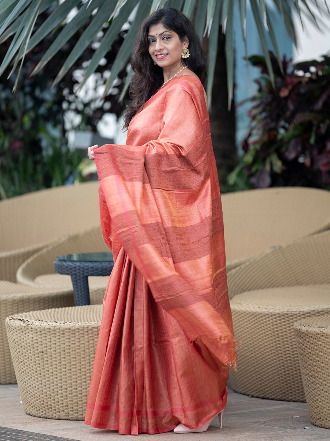 

Weaves of Tradition Pure Silk Tussar Saree, Orange
