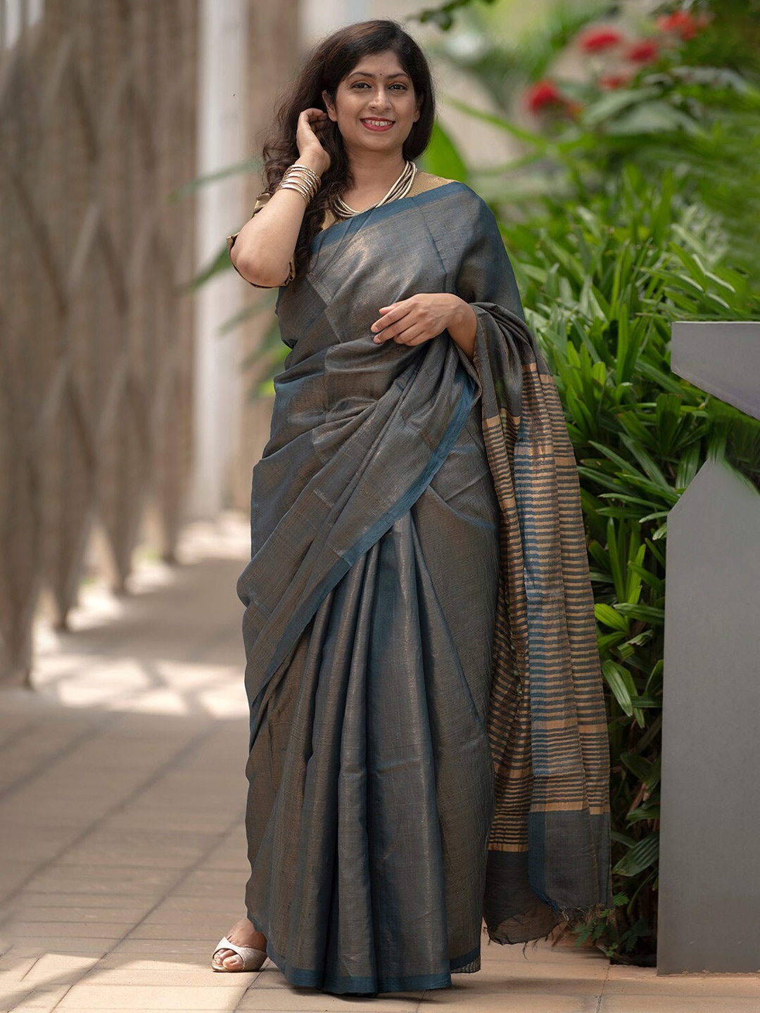 

Weaves of Tradition Zari Pure Silk Tussar Saree, Blue