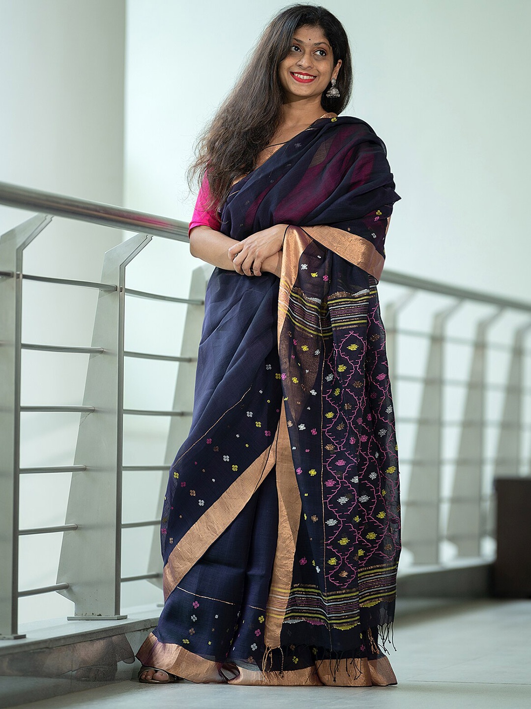 

Weaves of Tradition Ethnic Woven Design Zari Silk Cotton Jamdani Saree, Blue