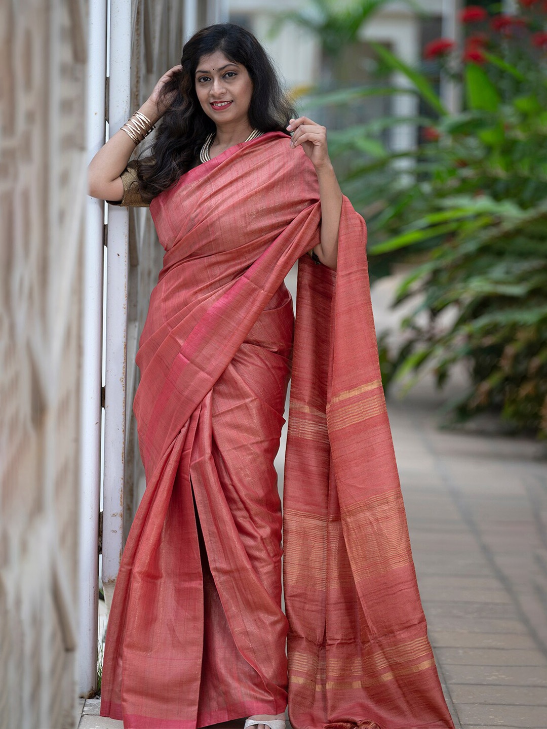 

Weaves of Tradition Zari Pure Silk Tussar Saree, Orange