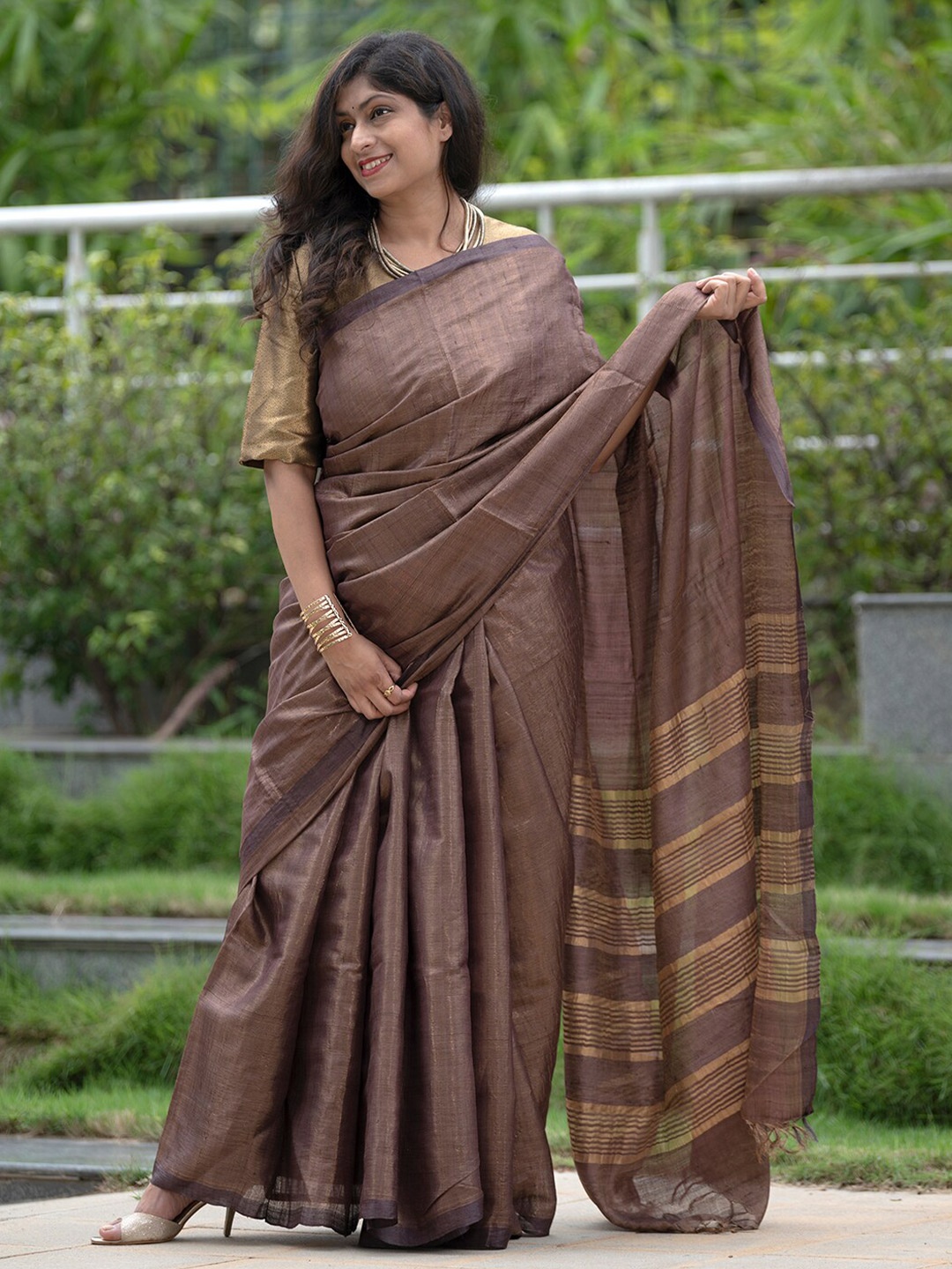 

Weaves of Tradition Zari Pure Silk Tussar Saree, Brown