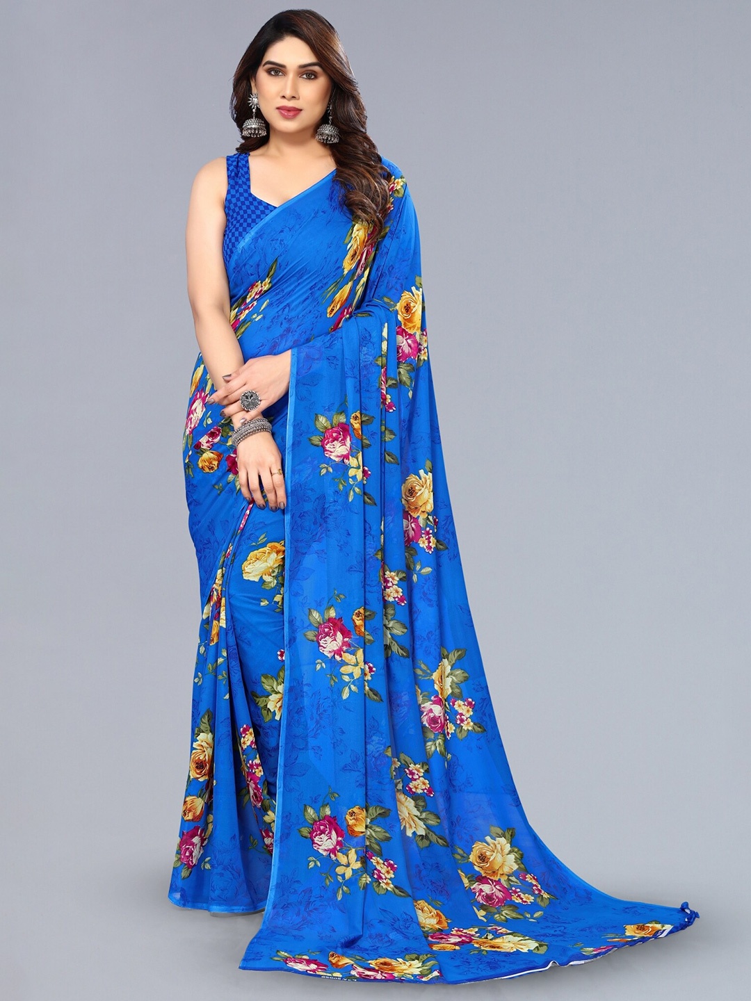 

ANAND SAREES Floral Printed Georgette Saree, Blue