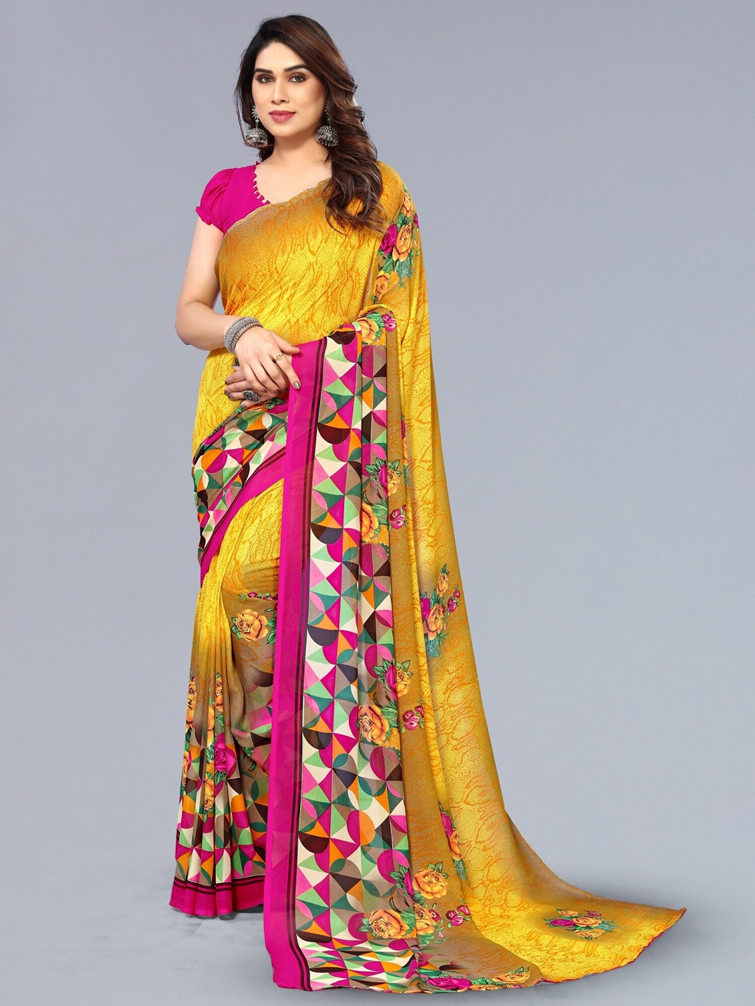 

ANAND SAREES Floral Printed Saree, Yellow