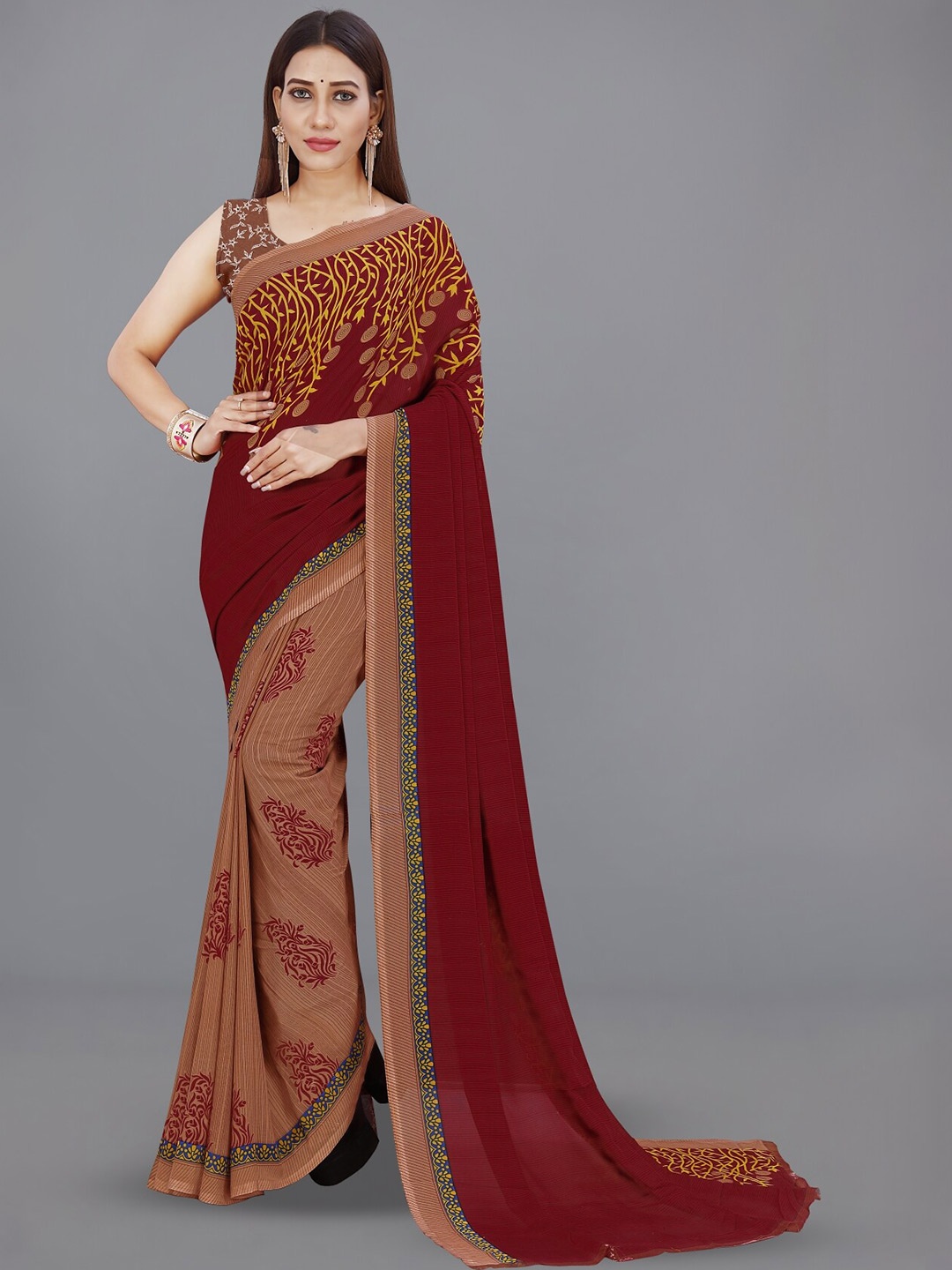 

ANAND SAREES Ethnic Motifs Poly Georgette Half and Half Saree, Brown